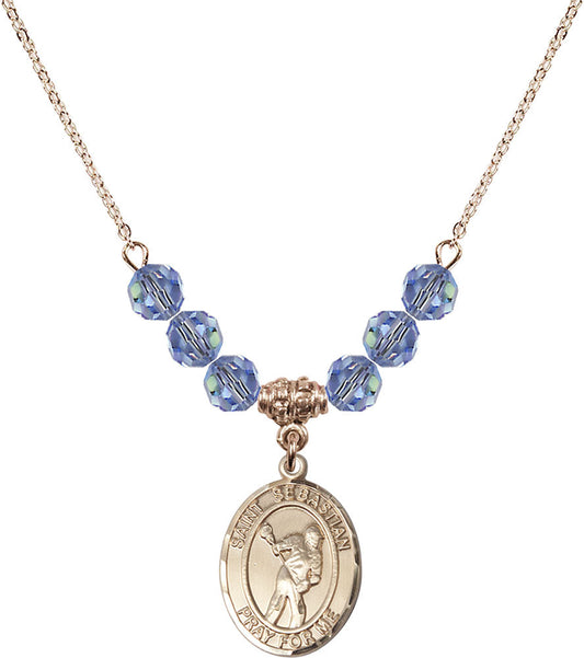 14kt Gold Filled Saint Sebastian/Lacrosse Birthstone Necklace with Light Sapphire Beads - 8616