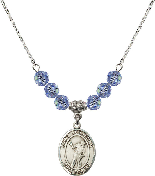 Sterling Silver Saint Sebastian/Lacrosse Birthstone Necklace with Light Sapphire Beads - 8616