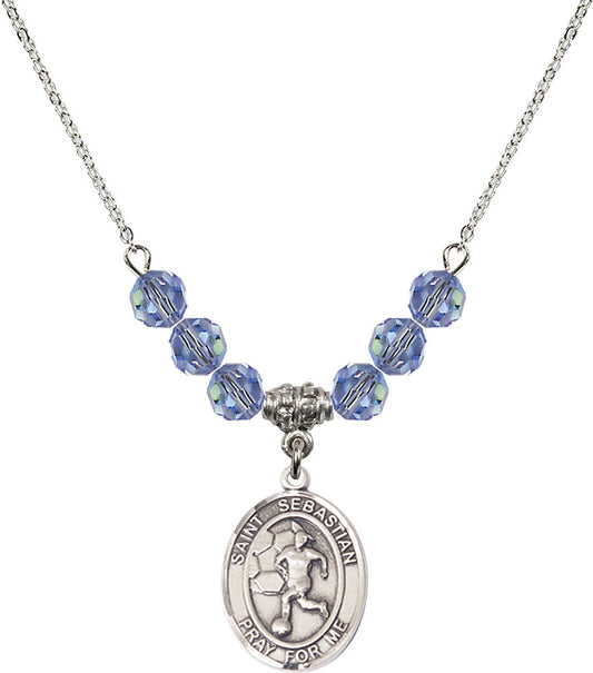 Sterling Silver Saint Sebastian/Soccer-Women Birthstone Necklace with Light Sapphire Beads - 8617