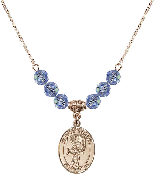 14kt Gold Filled Guardian Angel/Baseball Birthstone Necklace with Light Sapphire Beads - 8700