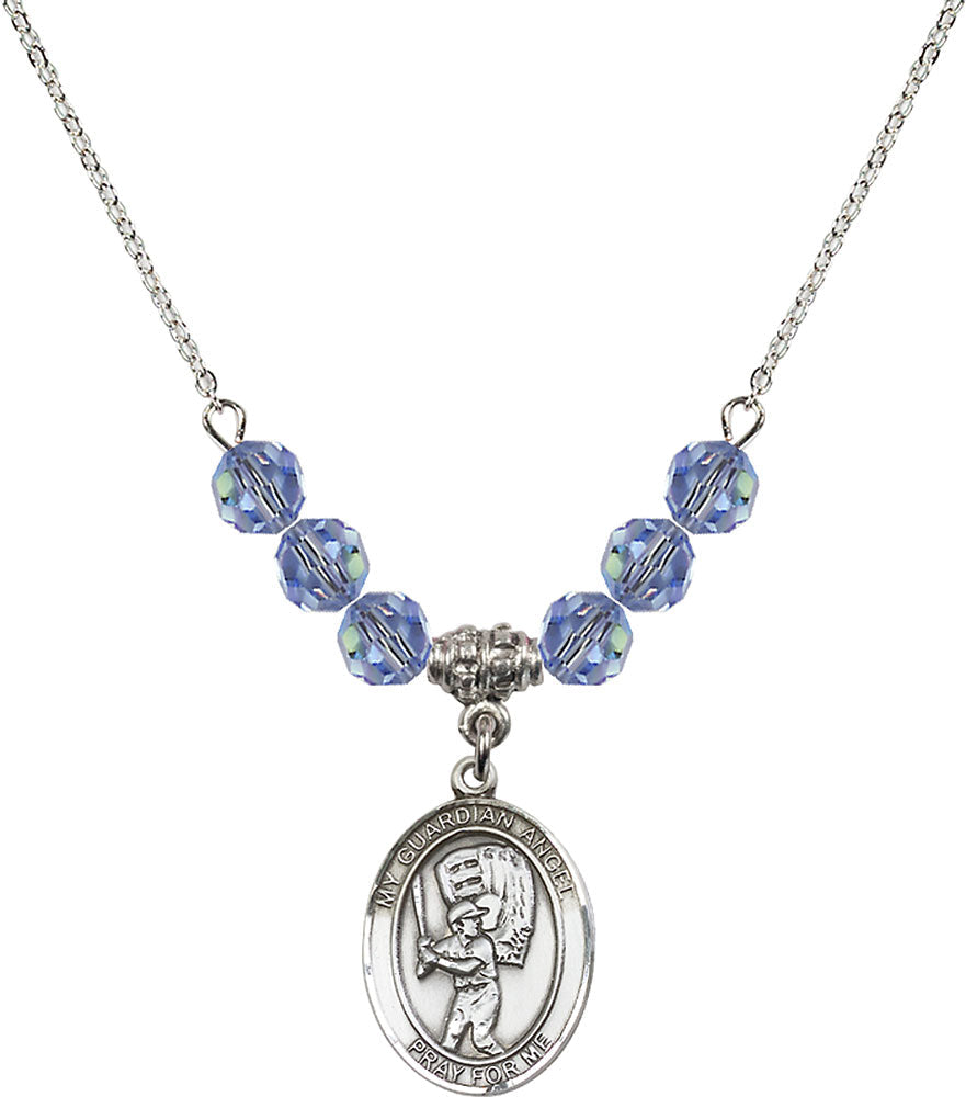 Sterling Silver Guardian Angel/Baseball Birthstone Necklace with Light Sapphire Beads - 8700