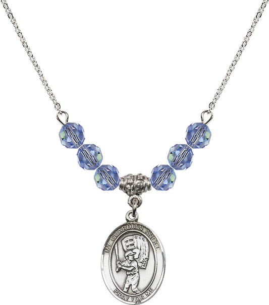Sterling Silver Guardian Angel/Baseball Birthstone Necklace with Light Sapphire Beads - 8700