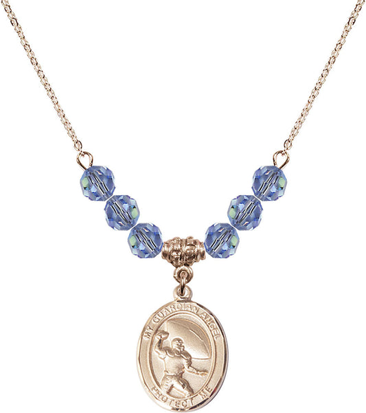 14kt Gold Filled Guardian Angel/Football Birthstone Necklace with Light Sapphire Beads - 8701