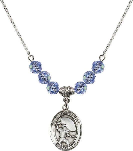 Sterling Silver Guardian Angel/Football Birthstone Necklace with Light Sapphire Beads - 8701
