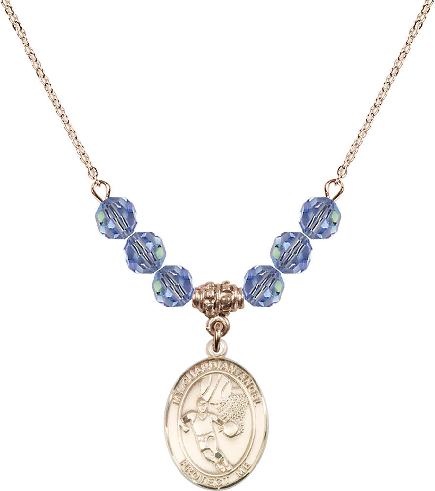 14kt Gold Filled Guardian Angel/Basketball Birthstone Necklace with Light Sapphire Beads - 8702