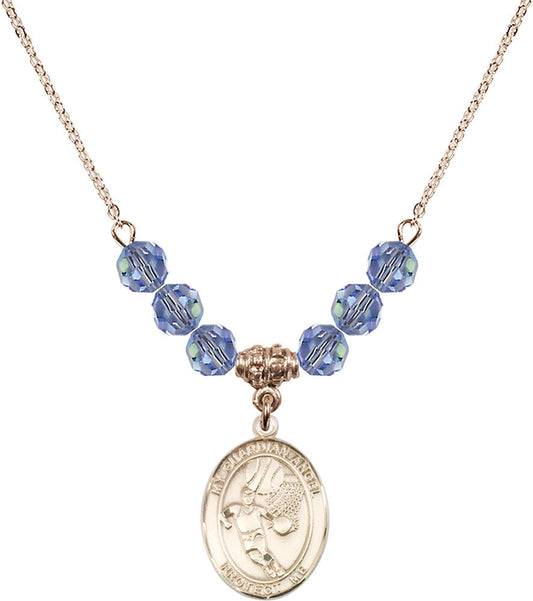 14kt Gold Filled Guardian Angel/Basketball Birthstone Necklace with Light Sapphire Beads - 8702