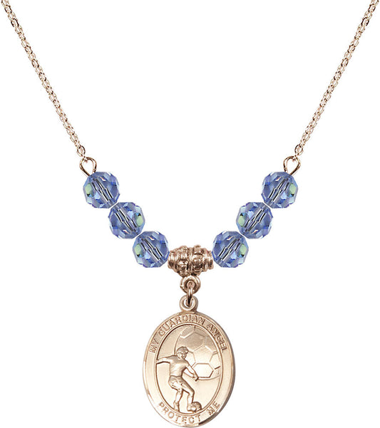 14kt Gold Filled Guardian Angel/Soccer Birthstone Necklace with Light Sapphire Beads - 8703