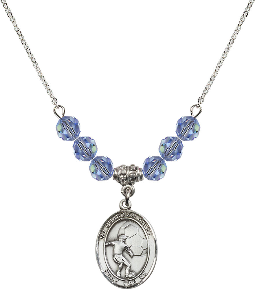 Sterling Silver Guardian Angel/Soccer Birthstone Necklace with Light Sapphire Beads - 8703