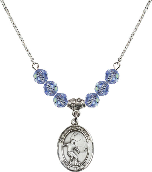 Sterling Silver Guardian Angel/Soccer Birthstone Necklace with Light Sapphire Beads - 8703