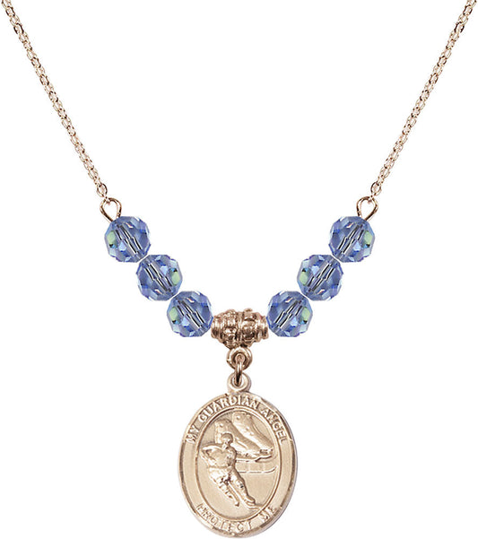 14kt Gold Filled Guardian Angel/Hockey Birthstone Necklace with Light Sapphire Beads - 8704