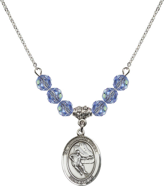 Sterling Silver Guardian Angel/Hockey Birthstone Necklace with Light Sapphire Beads - 8704