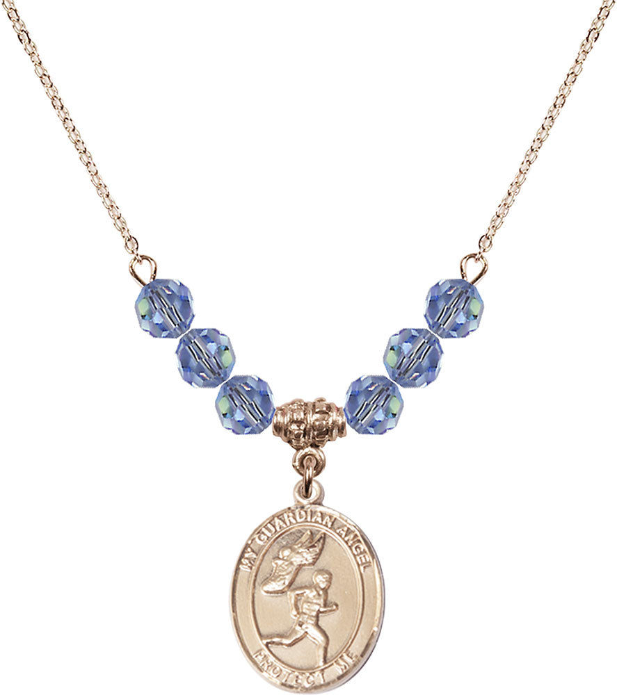 14kt Gold Filled Guardian Angel/Track&Field-Men Birthstone Necklace with Light Sapphire Beads - 8709