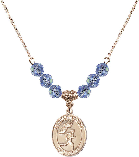 14kt Gold Filled Guardian Angel/Track&Field-Men Birthstone Necklace with Light Sapphire Beads - 8709
