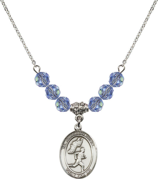 Sterling Silver Guardian Angel/Track&Field-Men Birthstone Necklace with Light Sapphire Beads - 8709