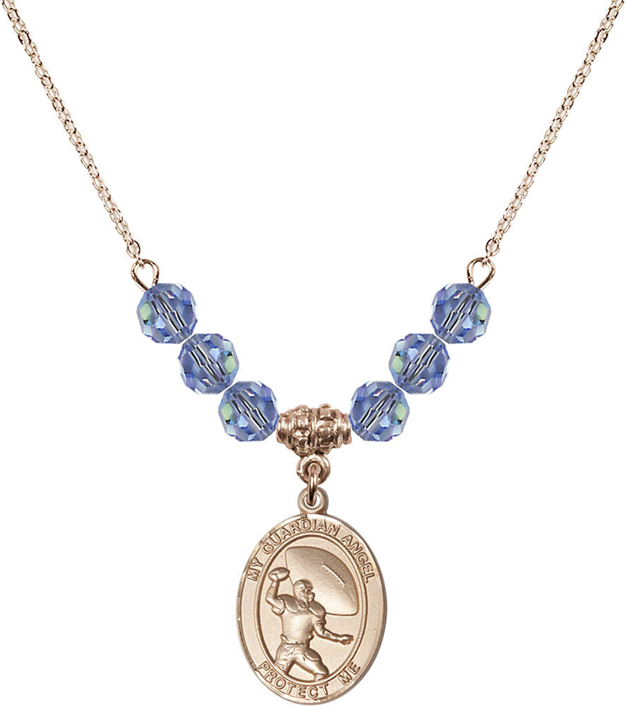 14kt Gold Filled Guardian Angel/Track&Field-Women Birthstone Necklace with Light Sapphire Beads - 8710