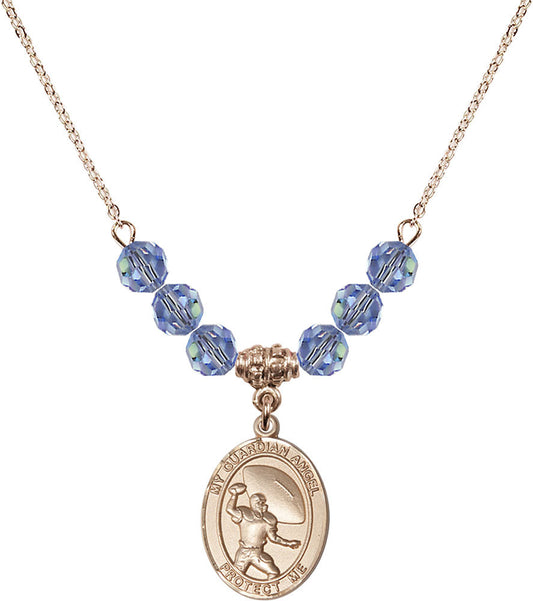 14kt Gold Filled Guardian Angel/Track&Field-Women Birthstone Necklace with Light Sapphire Beads - 8710