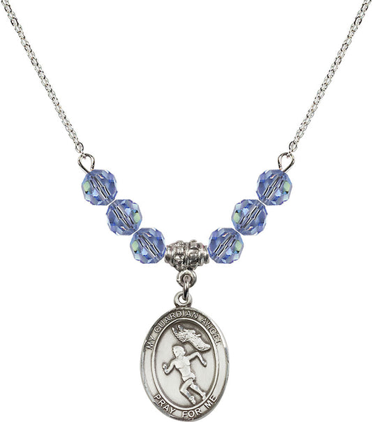 Sterling Silver Guardian Angel/Track&Field-Women Birthstone Necklace with Light Sapphire Beads - 8710