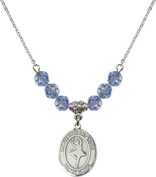 Sterling Silver Guardian Angel/Dance Birthstone Necklace with Light Sapphire Beads - 8712