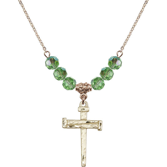 14kt Gold Filled Nail Cross Birthstone Necklace with Peridot Beads - 0013