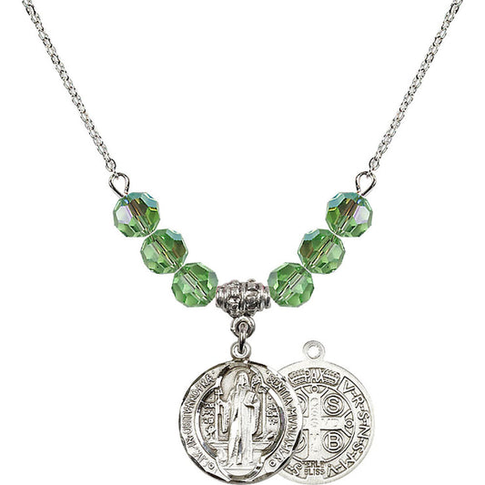 Sterling Silver Saint Benedict Birthstone Necklace with Peridot Beads - 0026