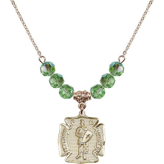 14kt Gold Filled Saint Florian Birthstone Necklace with Peridot Beads - 0070