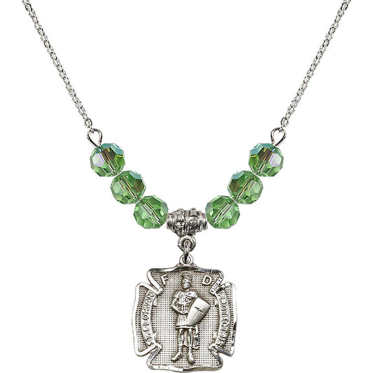 Sterling Silver Saint Florian Birthstone Necklace with Peridot Beads - 0070