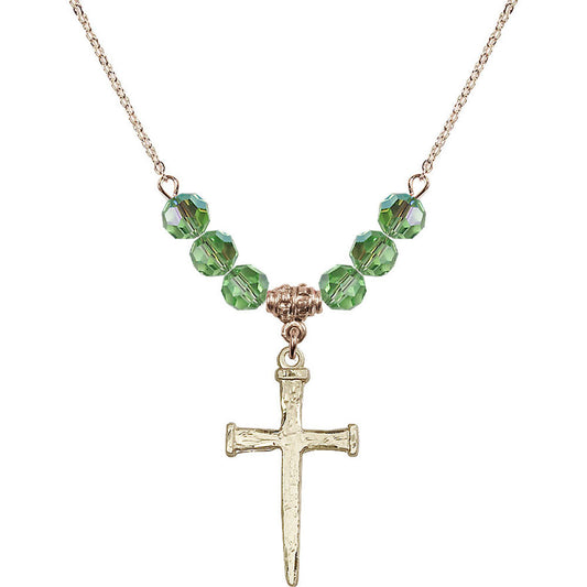 14kt Gold Filled Nail Cross Birthstone Necklace with Peridot Beads - 0085