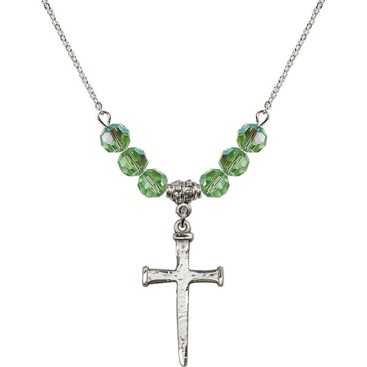 Sterling Silver Nail Cross Birthstone Necklace with Peridot Beads - 0085