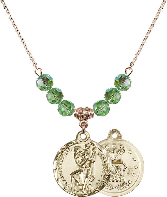 14kt Gold Filled Saint Christopher / Air Force Birthstone Necklace with Peridot Beads - 0192