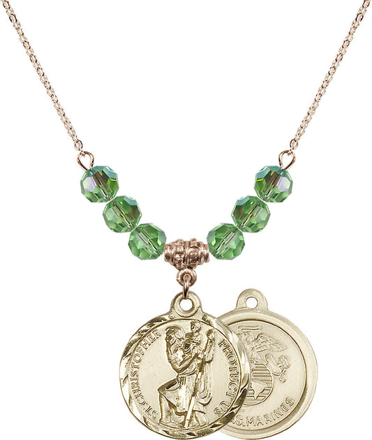 14kt Gold Filled Saint Christopher / Marines Birthstone Necklace with Peridot Beads - 0192
