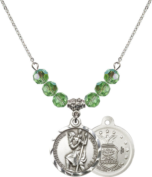 Sterling Silver Saint Christopher / Air Force Birthstone Necklace with Peridot Beads - 0192