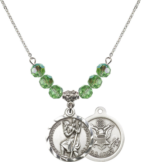 Sterling Silver Saint Christopher / Army Birthstone Necklace with Peridot Beads - 0192