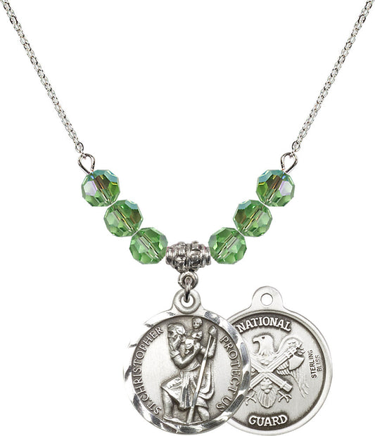 Sterling Silver Saint Christopher / Nat'l Guard Birthstone Necklace with Peridot Beads - 0192