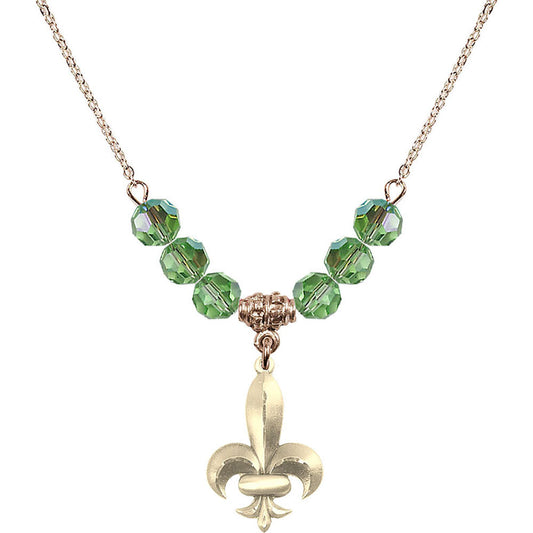 14kt Gold Filled Fleur de Lis Birthstone Necklace with Peridot Beads - 0294