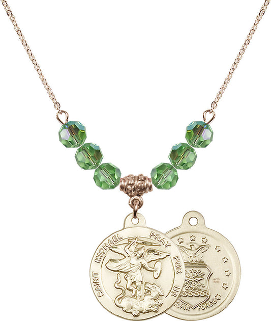 14kt Gold Filled Saint Michael / Air Force Birthstone Necklace with Peridot Beads - 0342