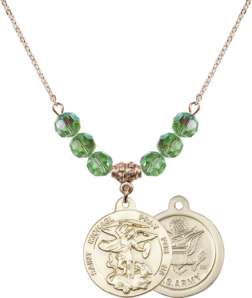14kt Gold Filled Saint Michael / Army Birthstone Necklace with Peridot Beads - 0342