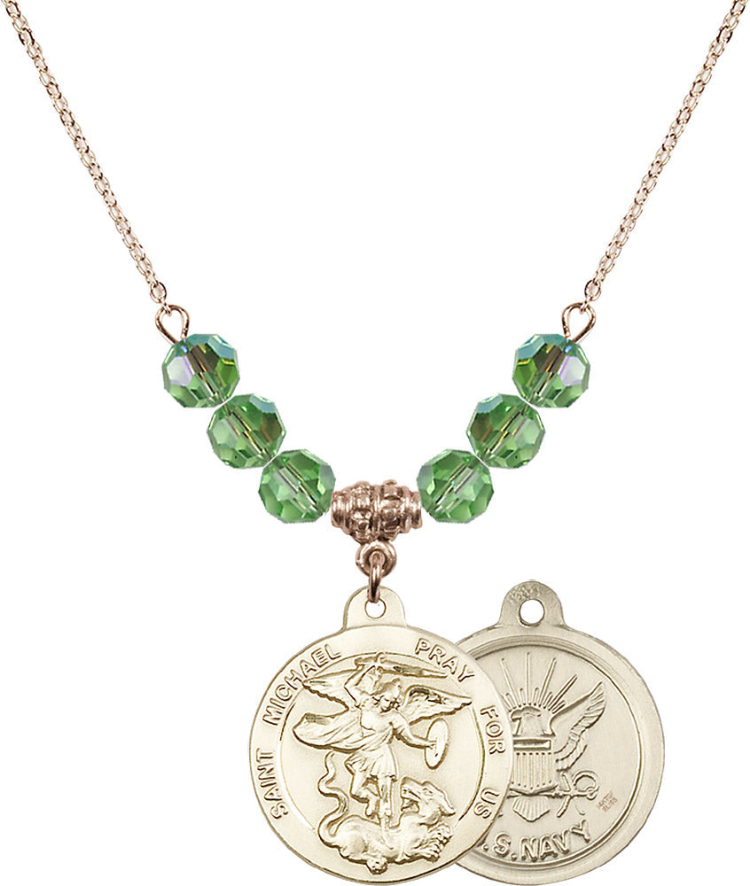 14kt Gold Filled Saint Michael / Navy Birthstone Necklace with Peridot Beads - 0342