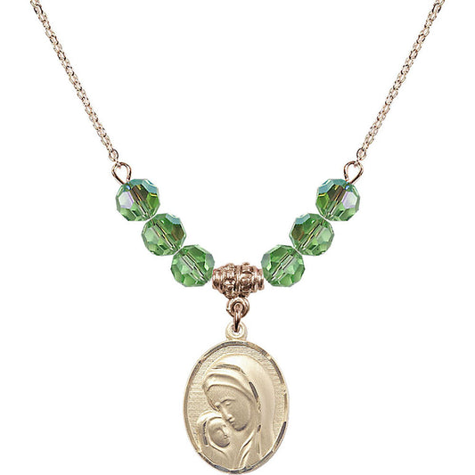 14kt Gold Filled Madonna & Child Birthstone Necklace with Peridot Beads - 0447