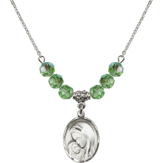 Sterling Silver Madonna & Child Birthstone Necklace with Peridot Beads - 0447