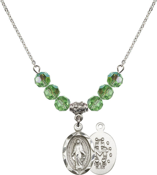 Sterling Silver Miraculous Birthstone Necklace with Peridot Beads - 0612