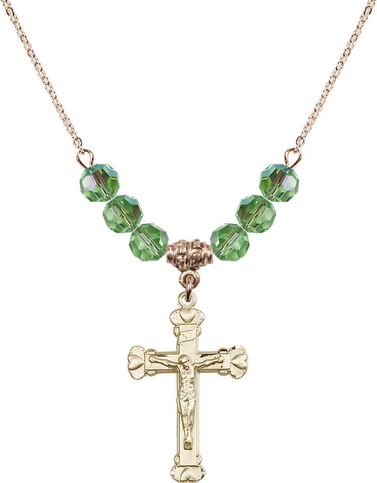 14kt Gold Filled Crucifix Birthstone Necklace with Peridot Beads - 0620