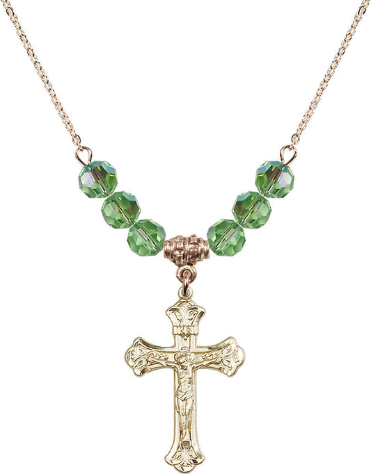 14kt Gold Filled Crucifix Birthstone Necklace with Peridot Beads - 0622