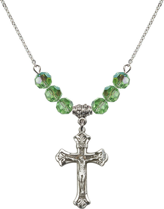 Sterling Silver Crucifix Birthstone Necklace with Peridot Beads - 0622