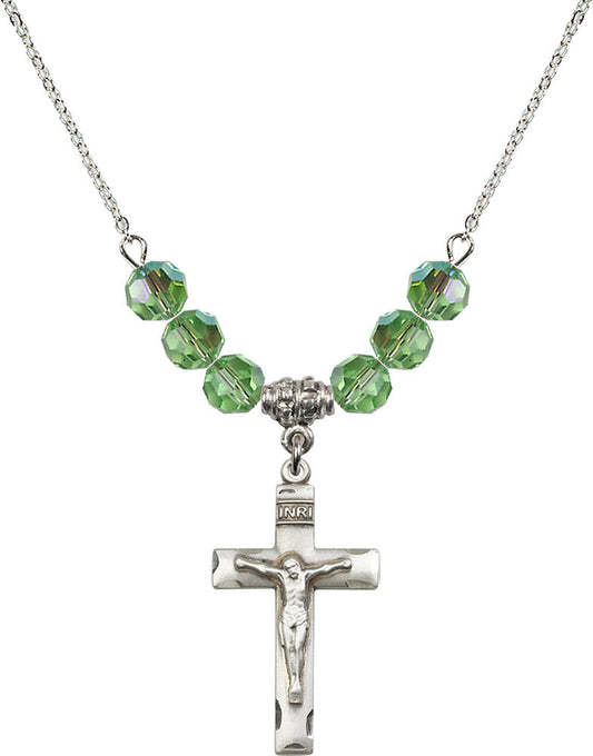 Sterling Silver Crucifix Birthstone Necklace with Peridot Beads - 0624