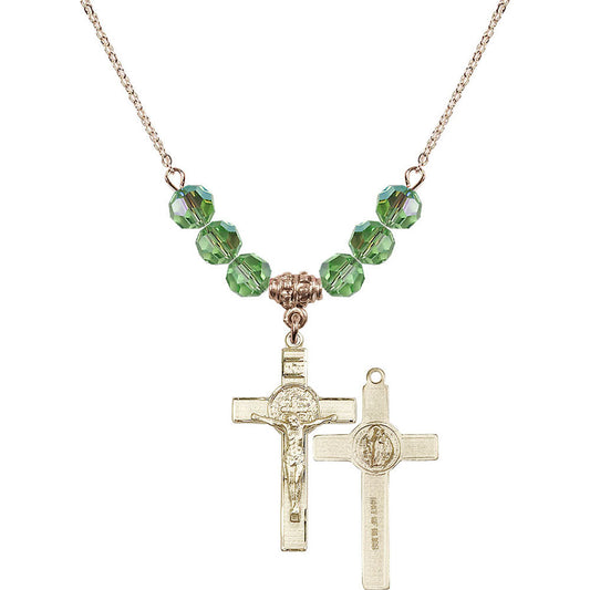 14kt Gold Filled Saint Benedict Crucifix Birthstone Necklace with Peridot Beads - 0625