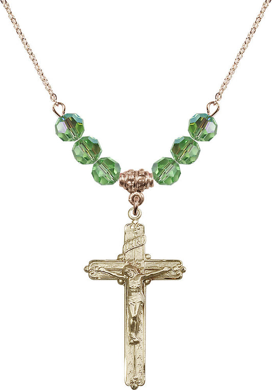 14kt Gold Filled Crucifix Birthstone Necklace with Peridot Beads - 0655