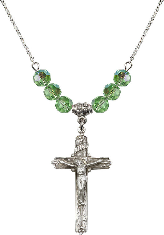Sterling Silver Crucifix Birthstone Necklace with Peridot Beads - 0655