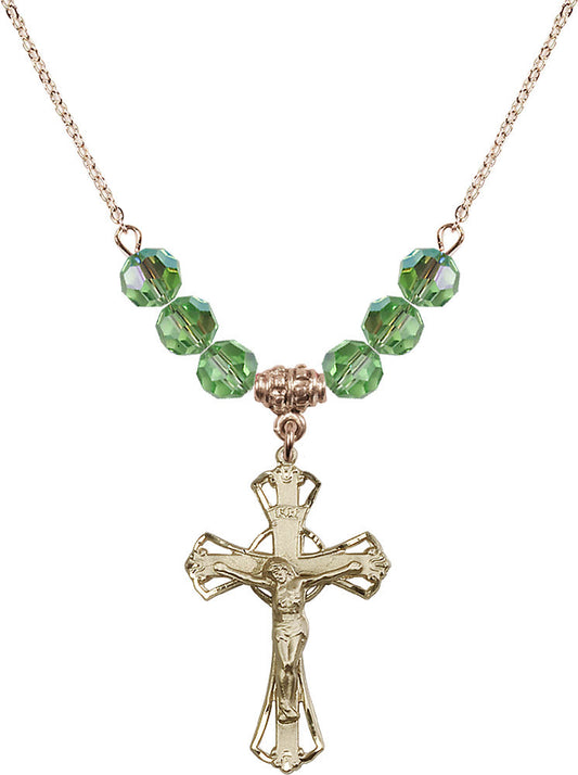 14kt Gold Filled Crucifix Birthstone Necklace with Peridot Beads - 0659