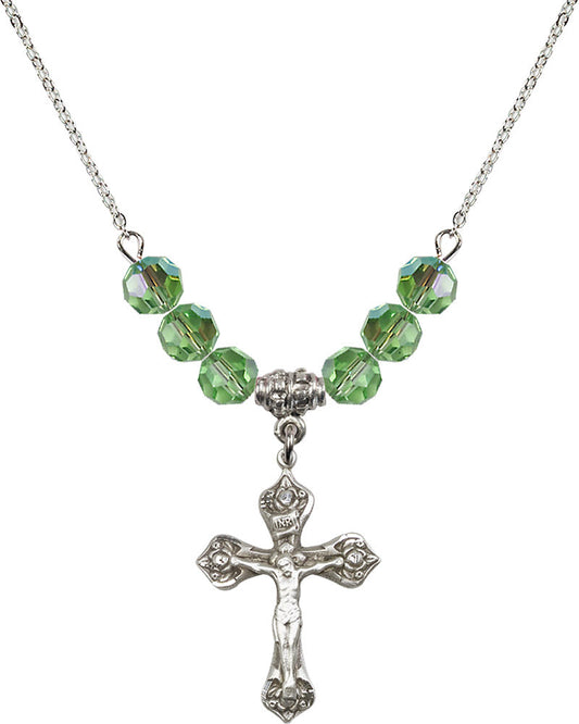 Sterling Silver Crucifix Birthstone Necklace with Peridot Beads - 0662