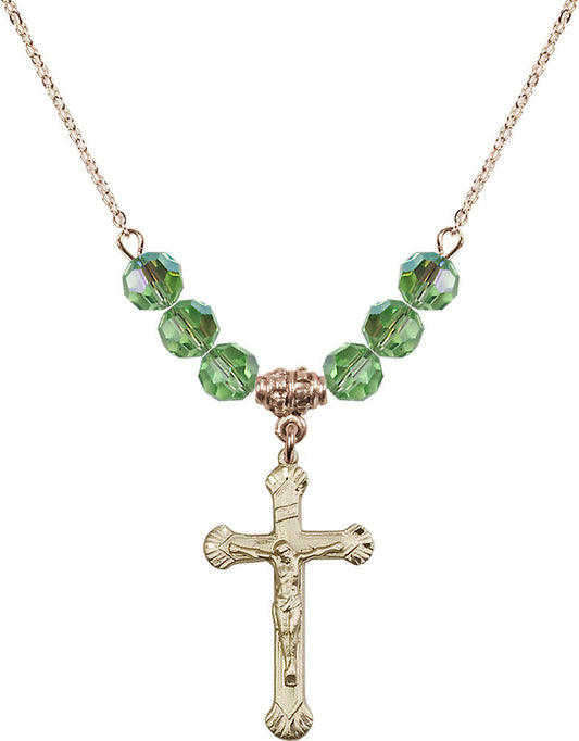 14kt Gold Filled Crucifix Birthstone Necklace with Peridot Beads - 0664